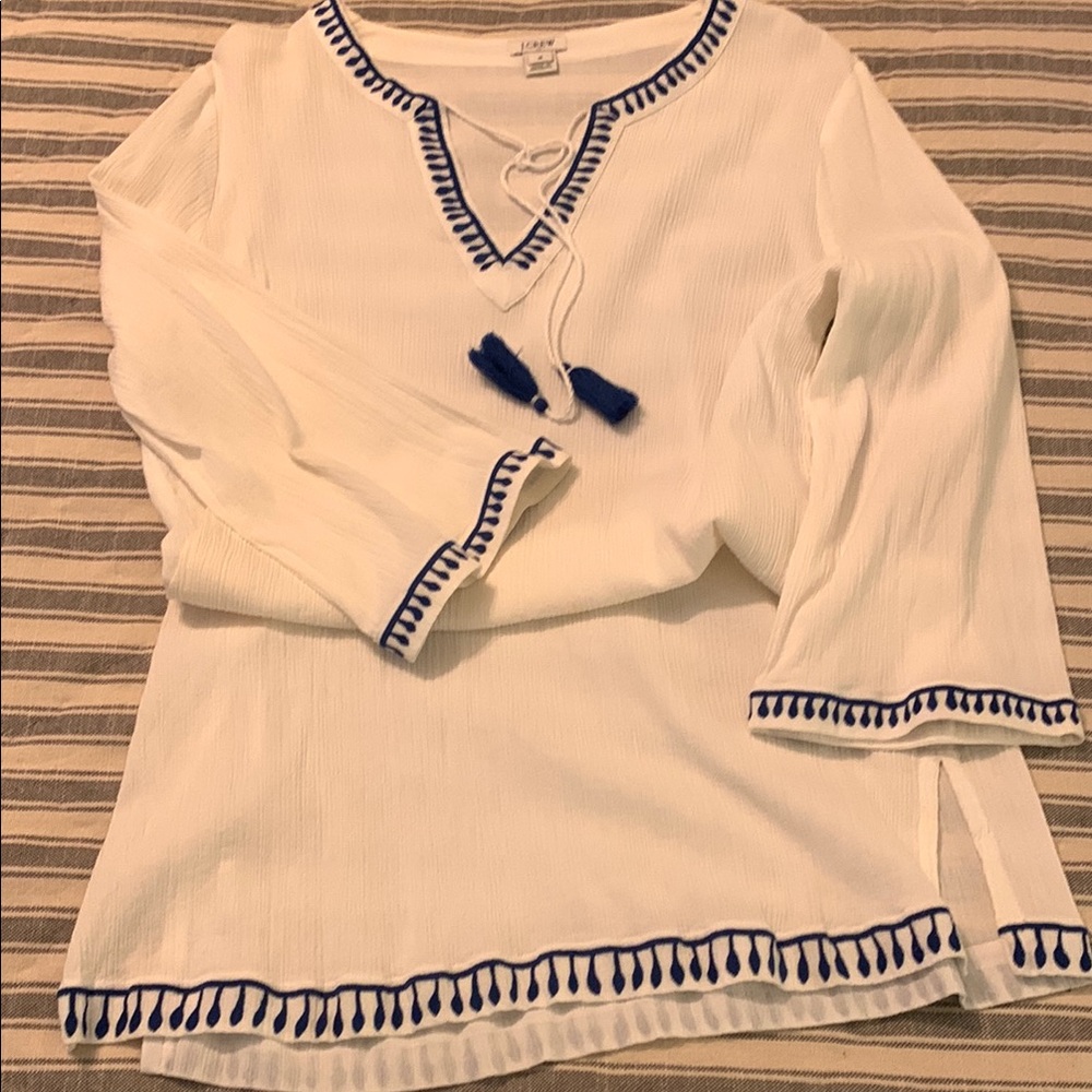 J. Crew Ivory Top with blue Embroidery and tassel